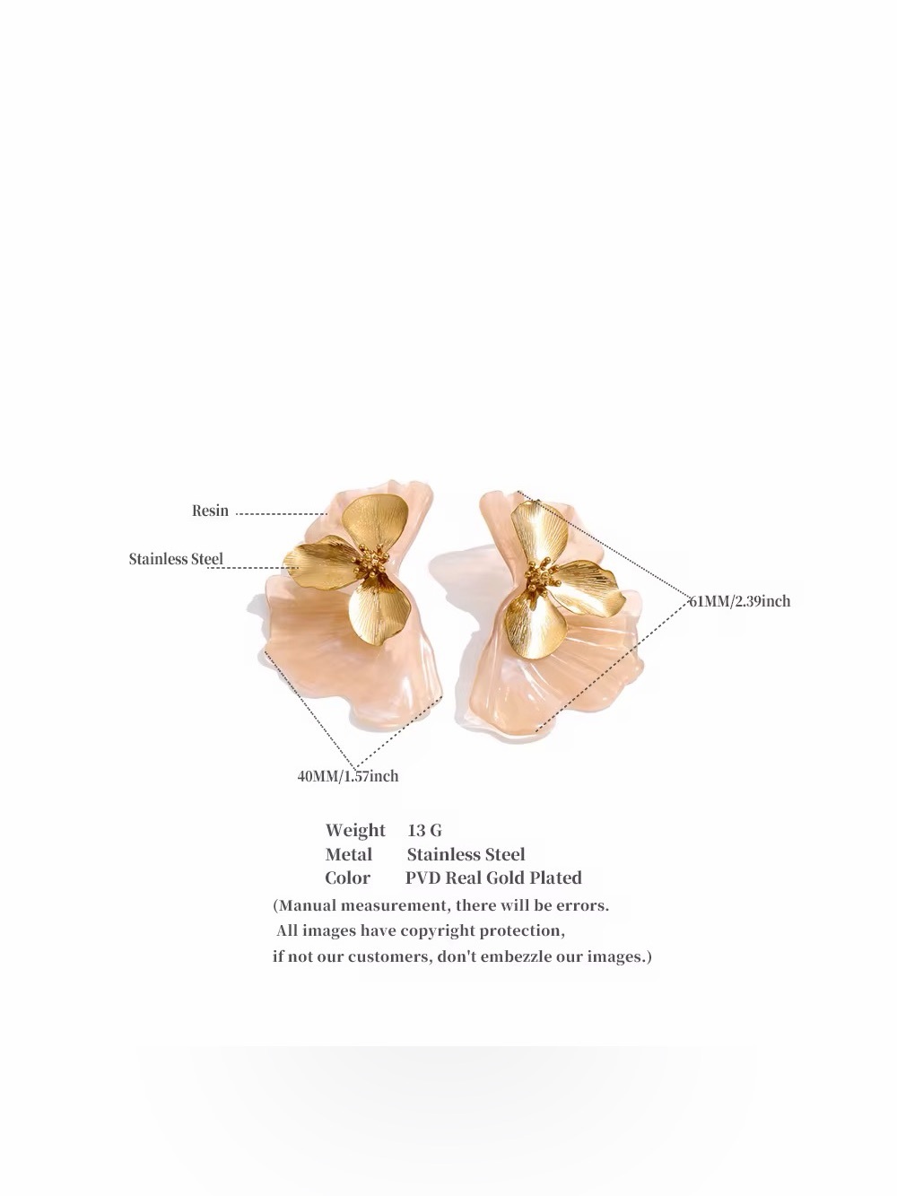 Blush Resin Flower Statement Earrings | 18K PVD Gold Plated Stainless Steel | - Picture 2 of 4